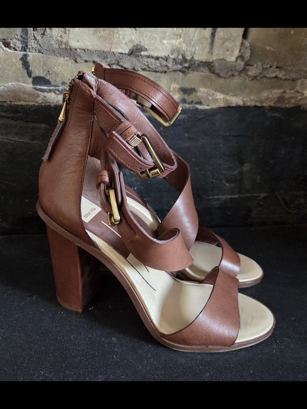 Dolce Vita Brown Leather Block Heel Sandals with Ankle Strap